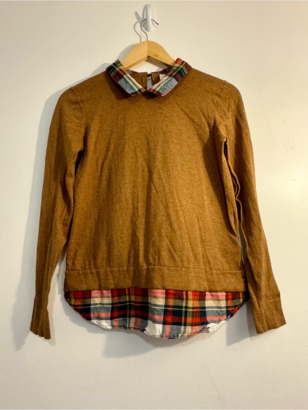 J. Crew Brown Sweater with Plaid Collar Preppy Collegiate XS